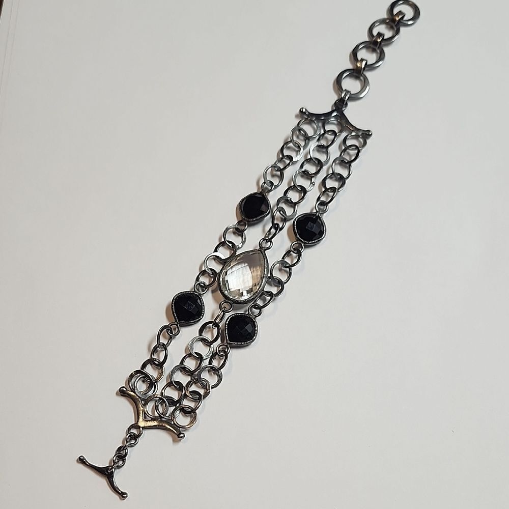 Sterling Silver 925 Chain Bracelet With Clear Quartz And Black Glass Stones